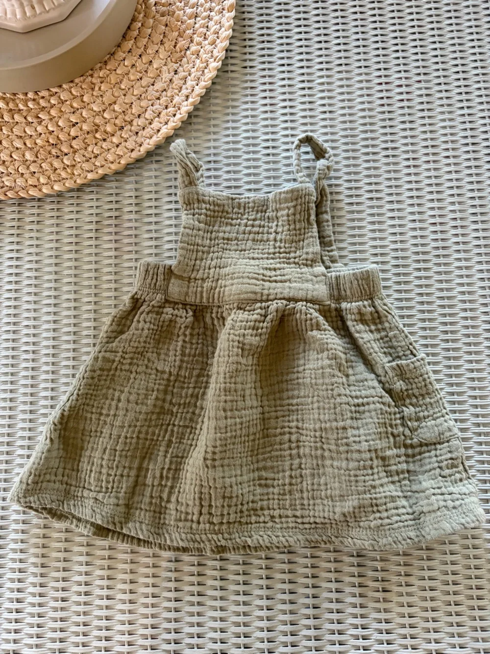 Girls Olive Gauze Pinafore Romper with Button Straps